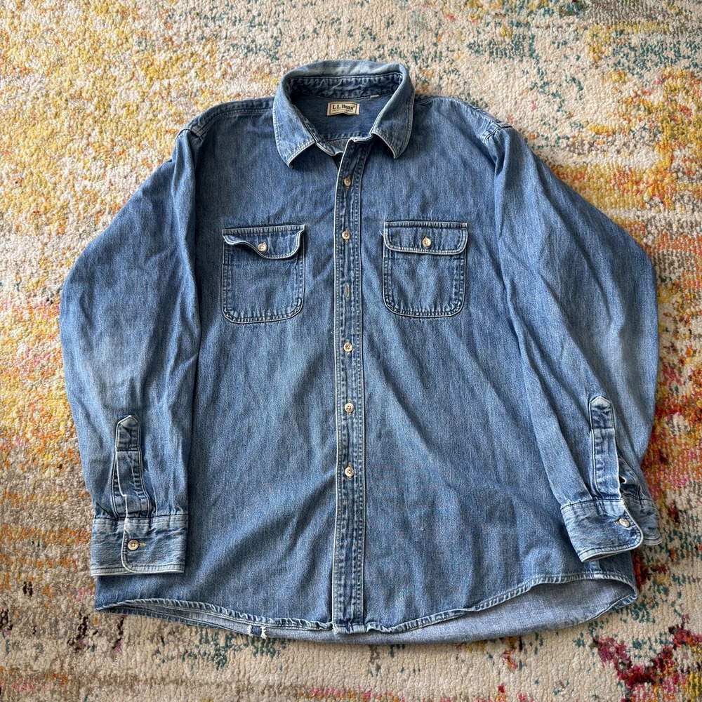VINTAGE 90s L.L. Bean Denim Button Up Shirt Long Sleeve Workshirt XL Blue